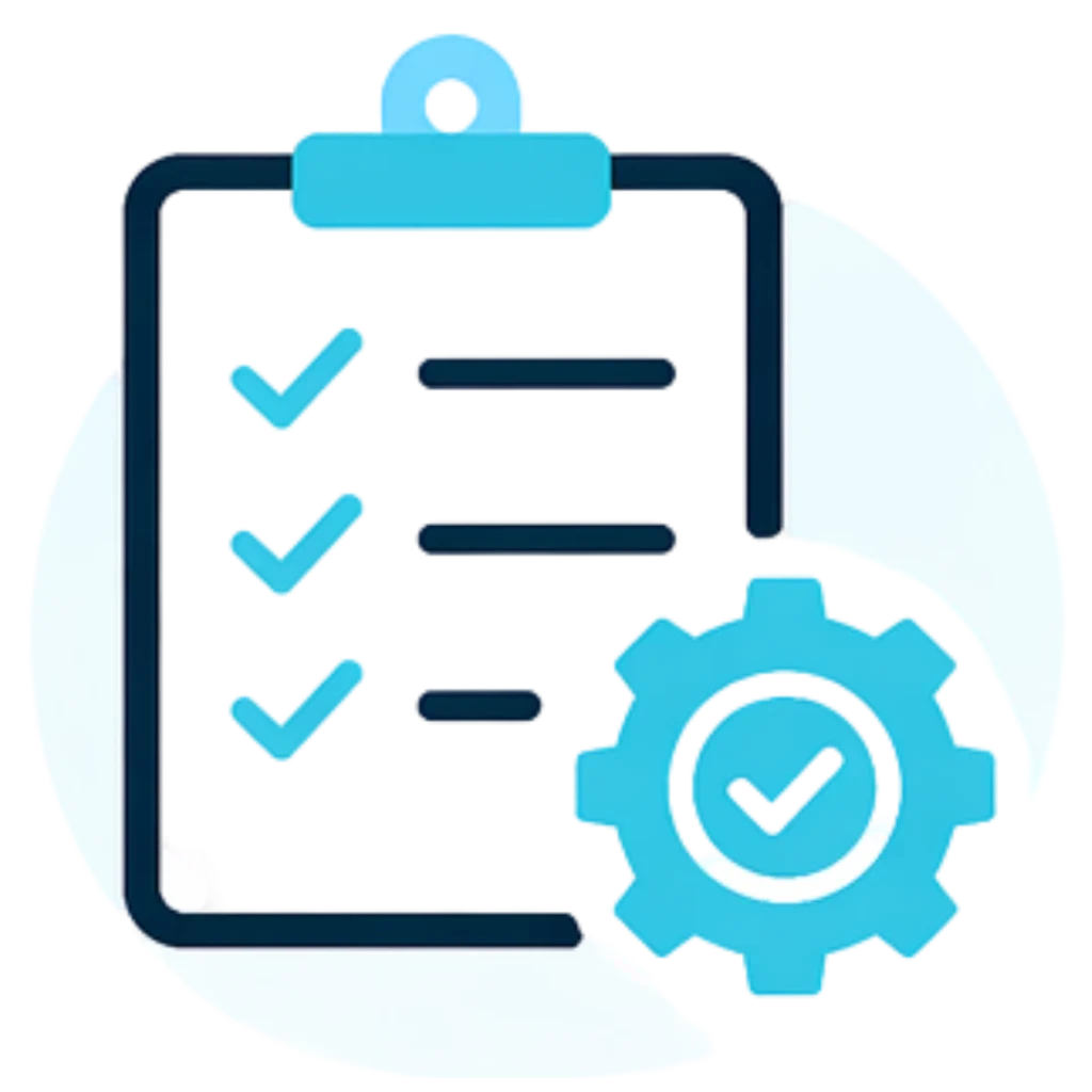 It is an icon of Done-For-You Sytems with checklist Icon and a mechanical wheel with a tick mark in center. The icon has a light blue tone circle visible in the background