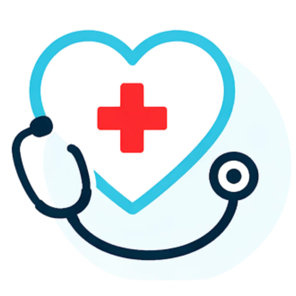 It is an icon showing healthcare focused expertise. It has a blue color heart outline with a red plus sign in the center and a stethoscope icon below it.