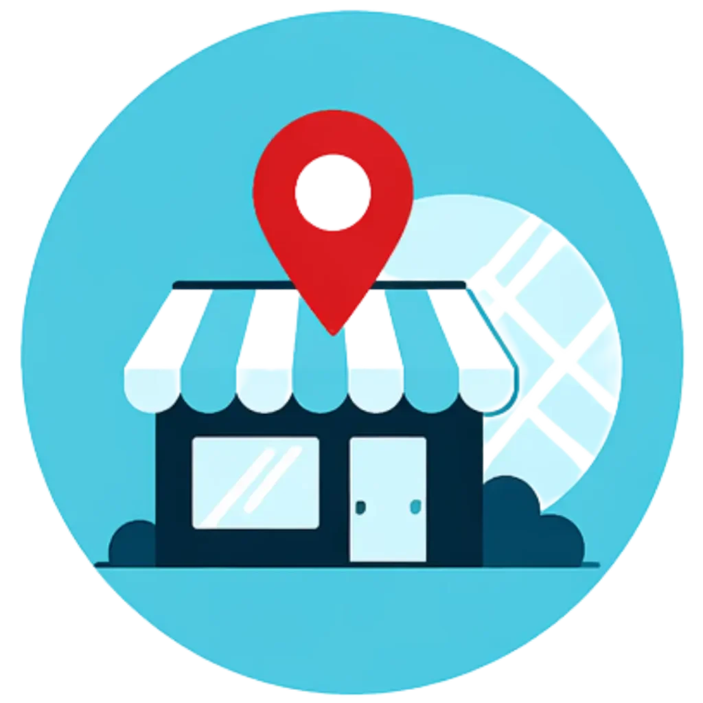 It is the Icon of local SEO with blue background circle, icon of a shop and then a location mark in red color on its roof