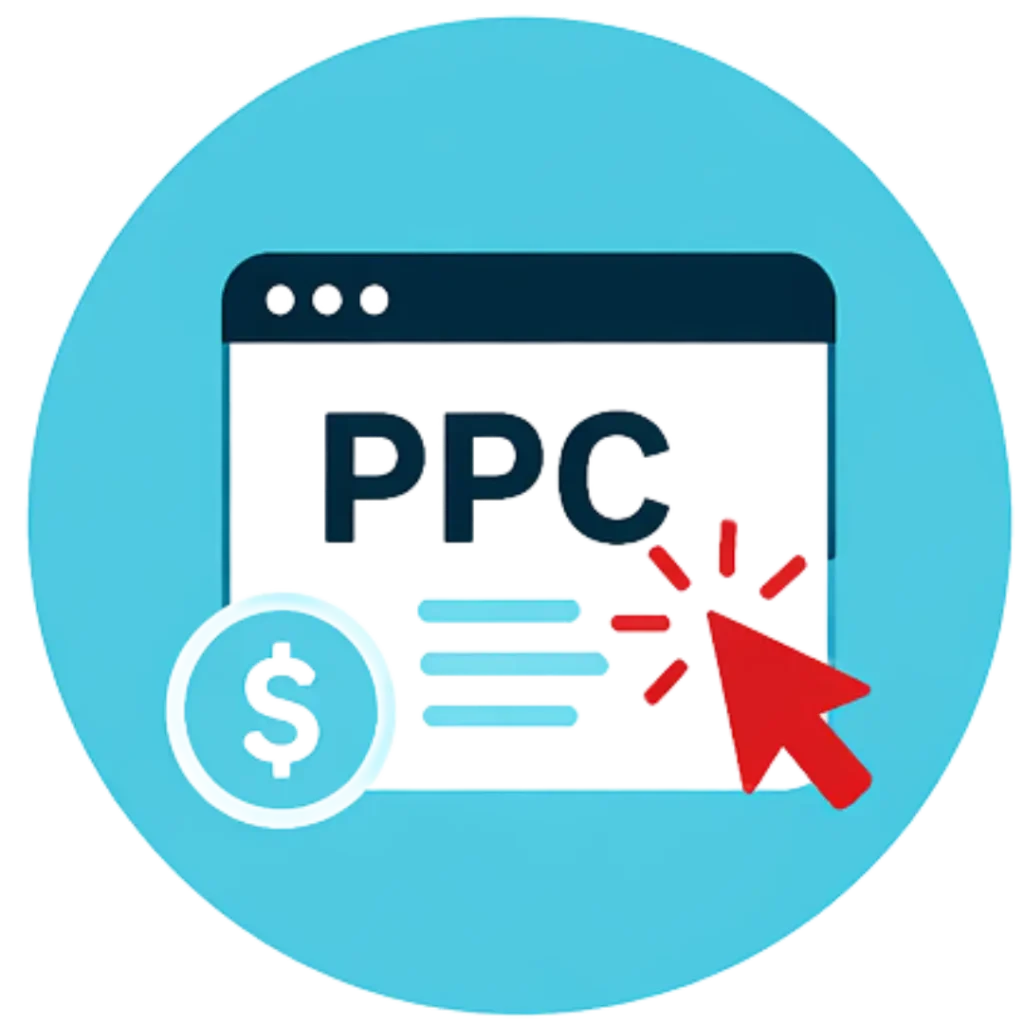 It is a PPC sign with blue circle in the background and a text box with PPC written on it. On the bottom left there is a dollar sign in blue color and the on the bottom right there is a click sign in red color.