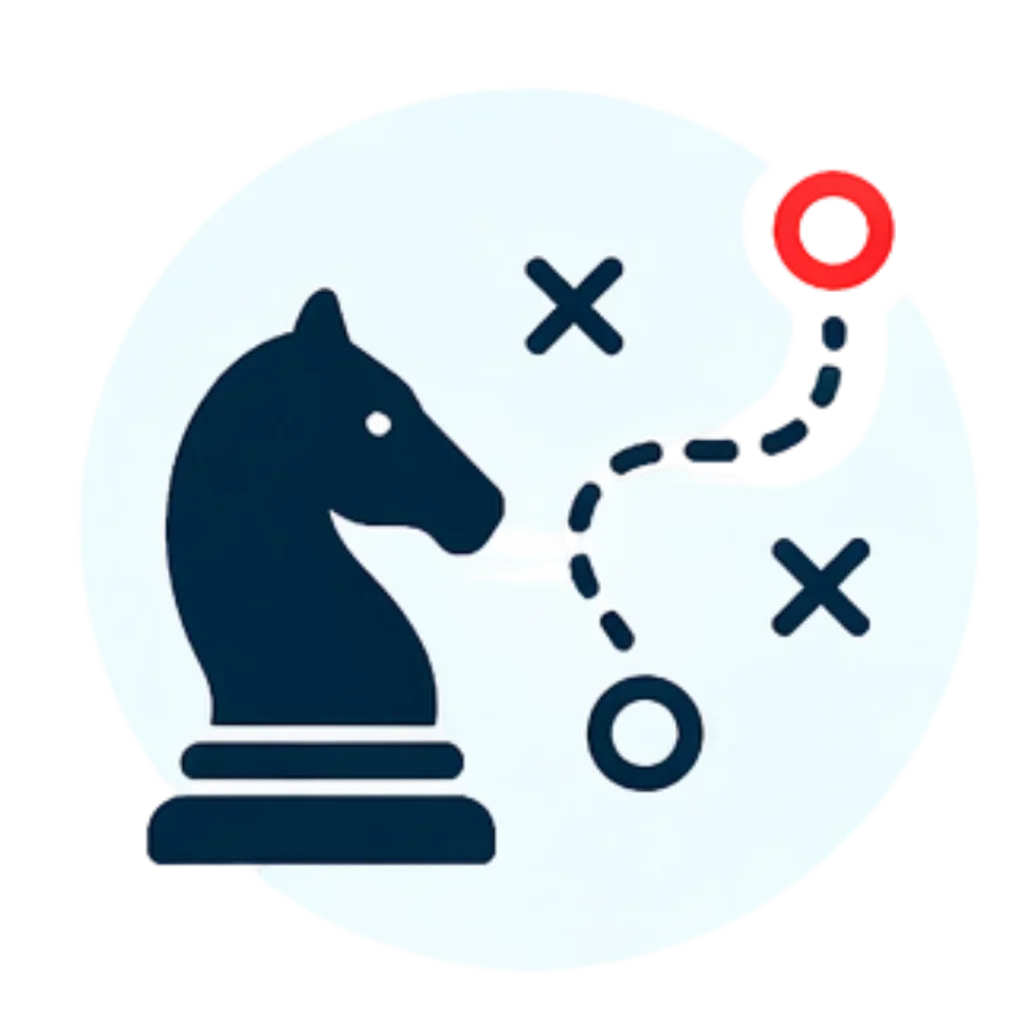 it is an icon with a chess knight moving on a dotted path with a cross on both the sides