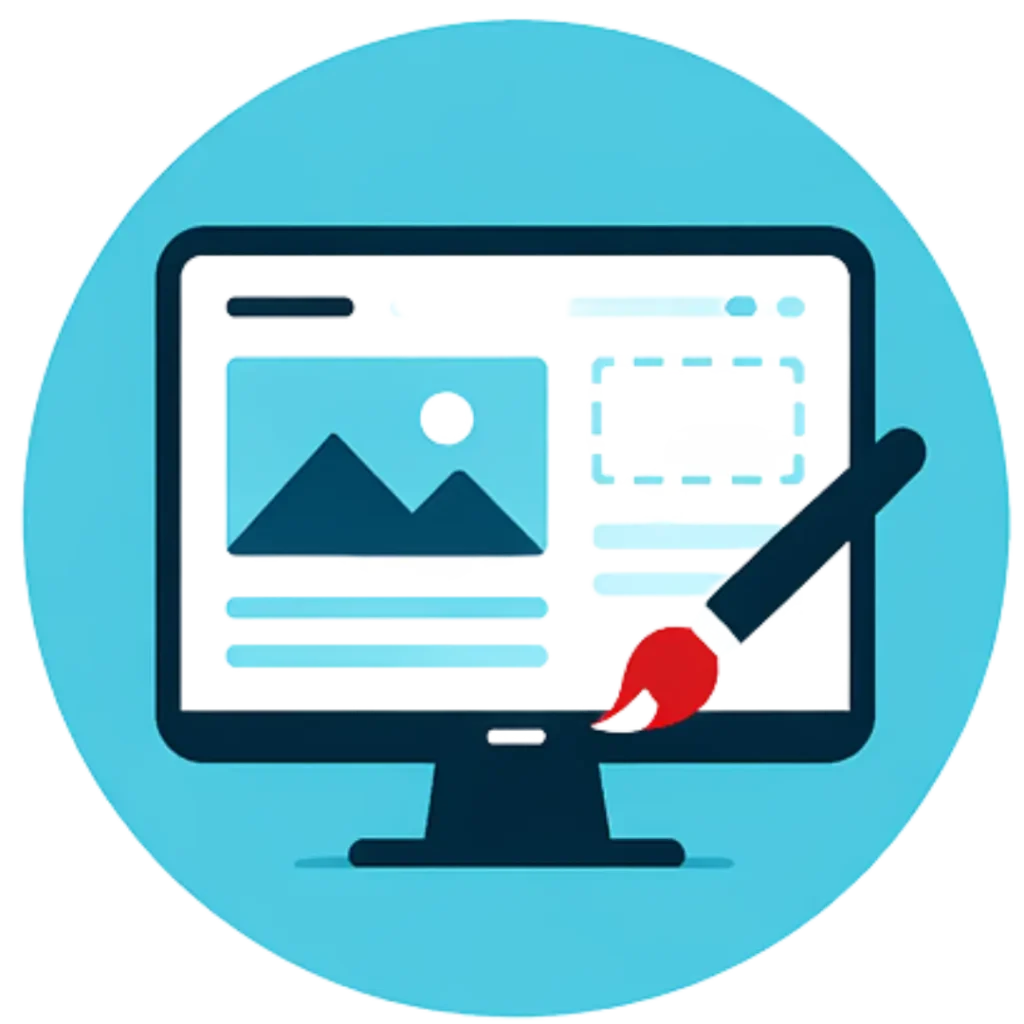 This is a website design logo with blue color circle in the background. It shows a laptop screen with image icon and frame icon on it with a paint brush having red tip.