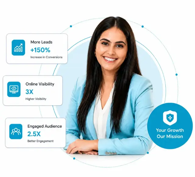 Image of female digital marketing expert with data text boxes flowing around
