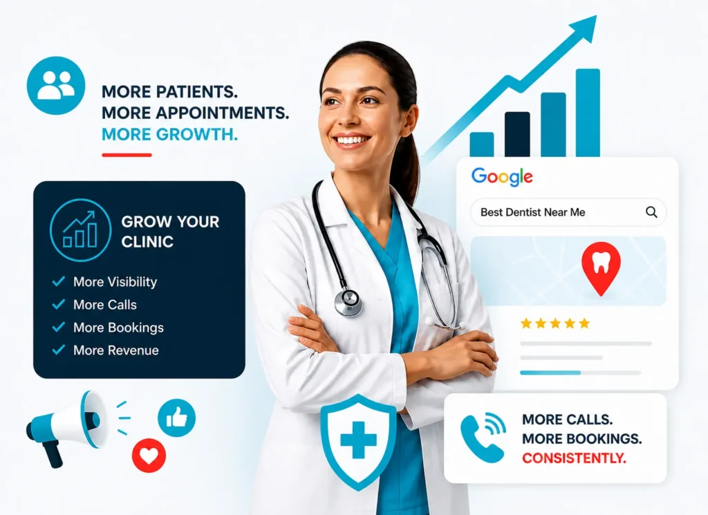 It is an image of a doctor with different elements such as call, location, bar graph flowing around it.