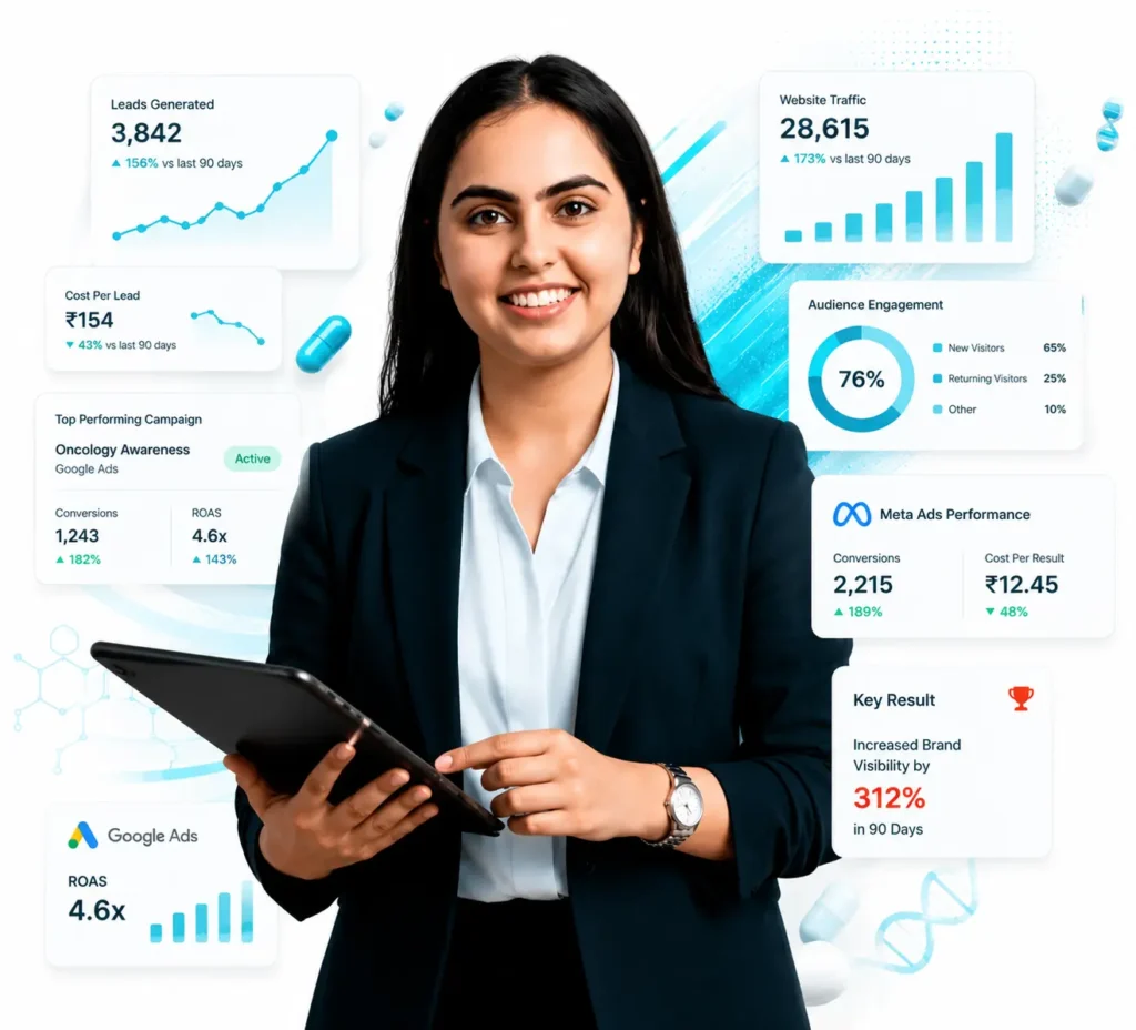 It is an image of female professional holding tablet in hand with open hair and different result metrics screenshots flowing around.