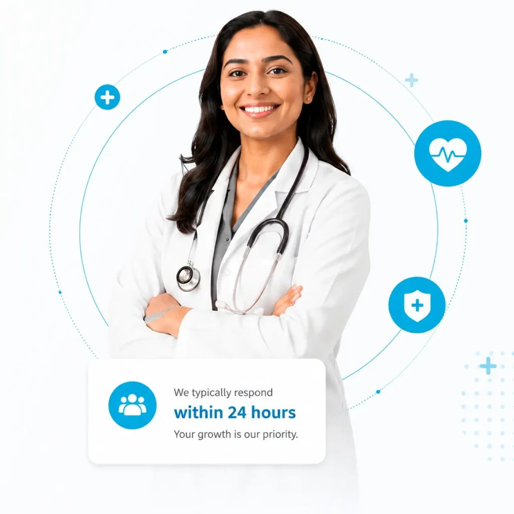 It is an image of a medical female professional with medical icons flowing around.