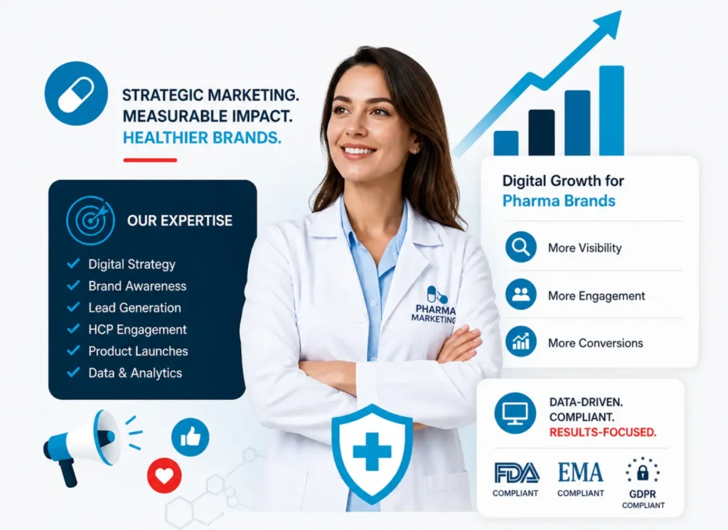 It is an image of a female with icons related to pharma digital marketing agency flowing around.