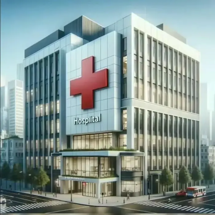 It is an image of the hospital with a big hospital sign in the front