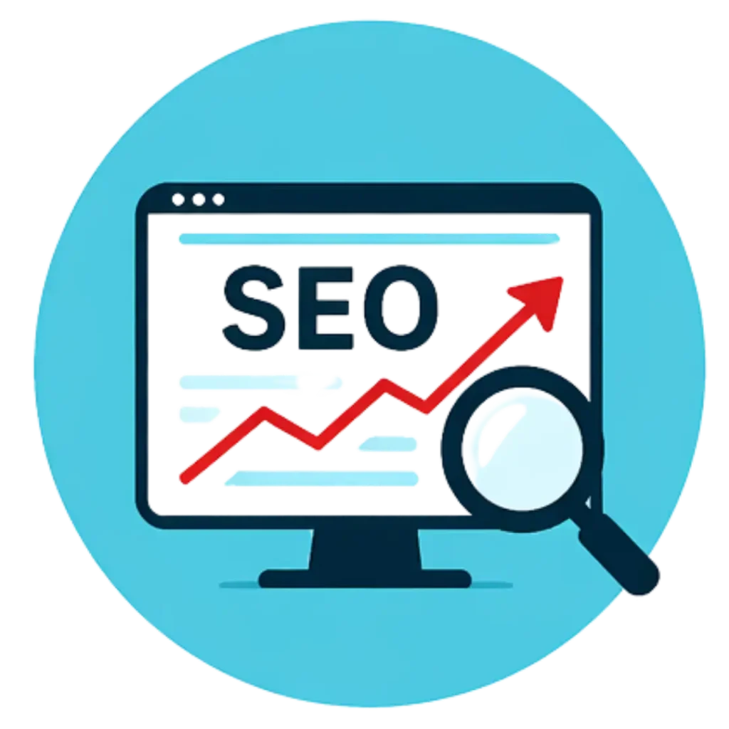 It is an icon of SEO with a laptop screen on which SEO is written with a graph arrow growing upwards and a magnifying glass at bottom. It also has a blue graphic circle in the background