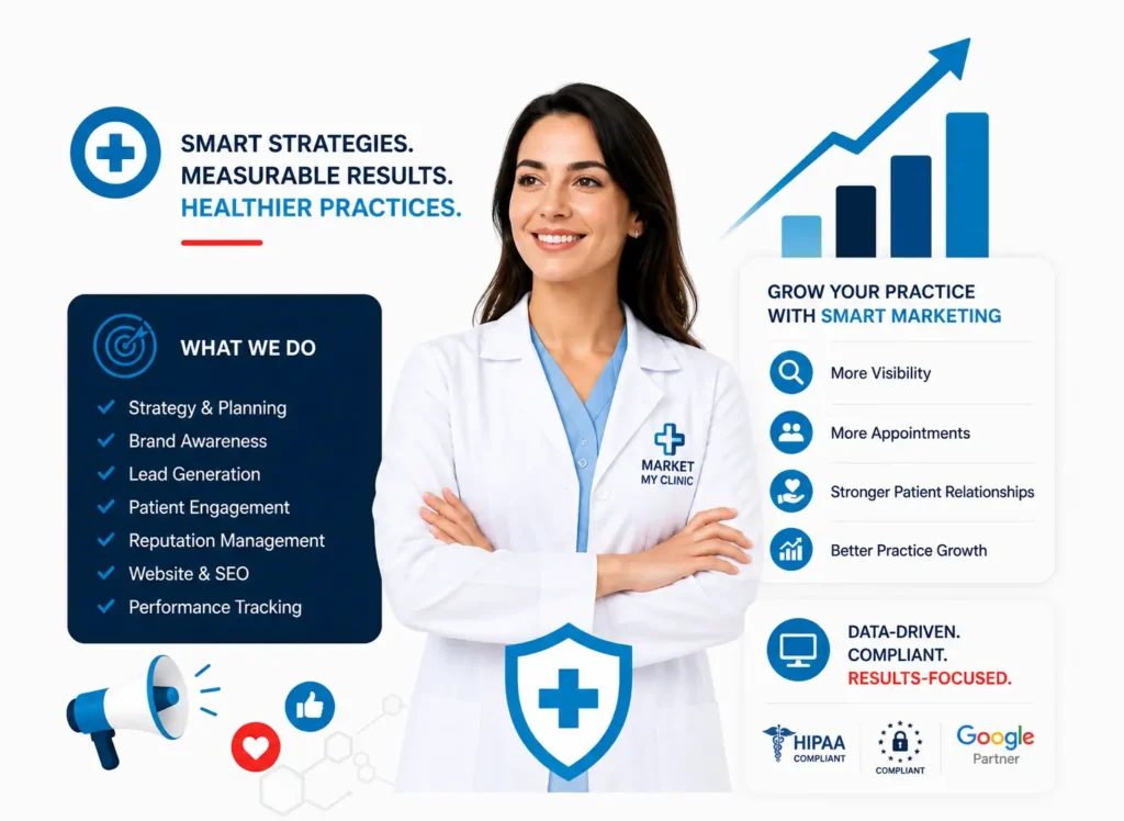 This is an image of a doctor standing and growth graphics around her.