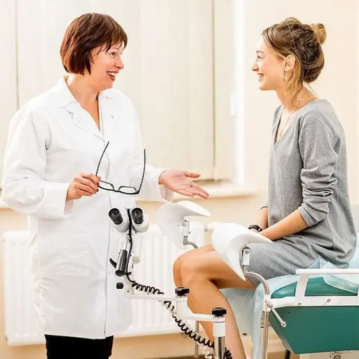 It is an image of clinic of Gynecologist consulting a patient.